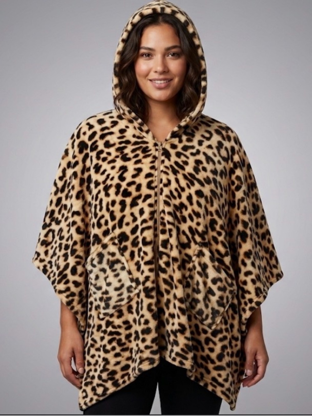 NYC Underground Leopard Print Hooded Zip Poncho One Size Cozy(C59)